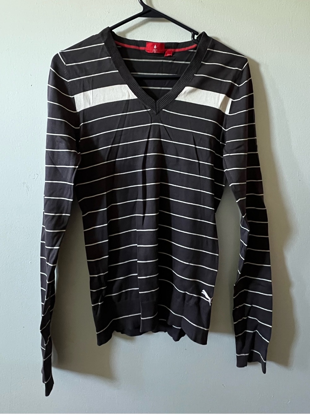Puma Black and White Striped V-Neck Sweater